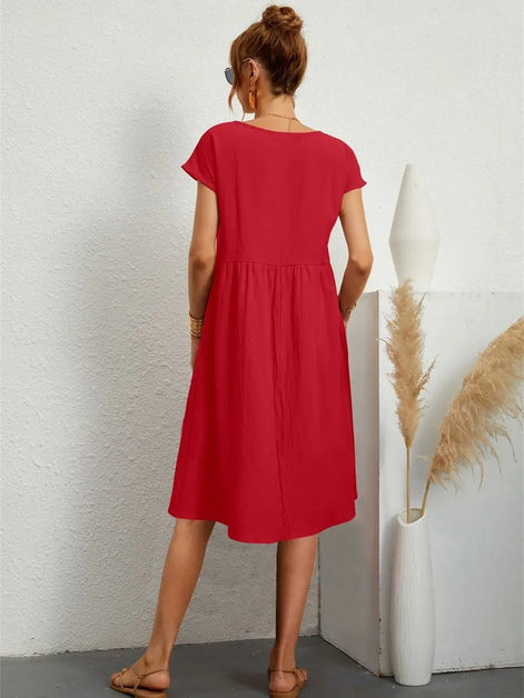 Casual Cotton Midi Shift Christmas Party Dress with Pockets for Autumn Wear