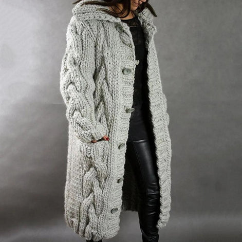 Women's Chunky Cable-Knit Hooded Cardigan with Pockets