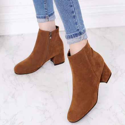 Women's Suede Block Heel Ankle Boots with Side Zip Fastening
