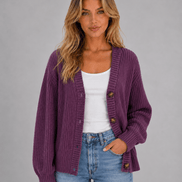 Women's Chunky Ribbed Knitted Cardigan with V-Neck and Button Front