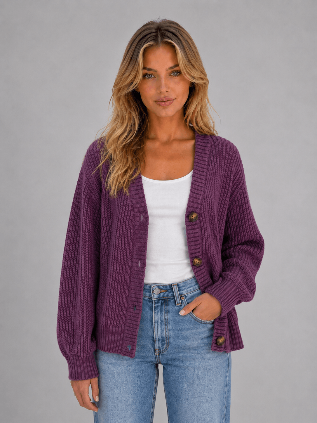 Women's Chunky Ribbed Knitted Cardigan with V-Neck and Button Front