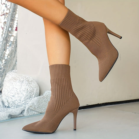 Pointed-Toe Ribbed Knit Women's Ankle Boots with Stiletto Heel
