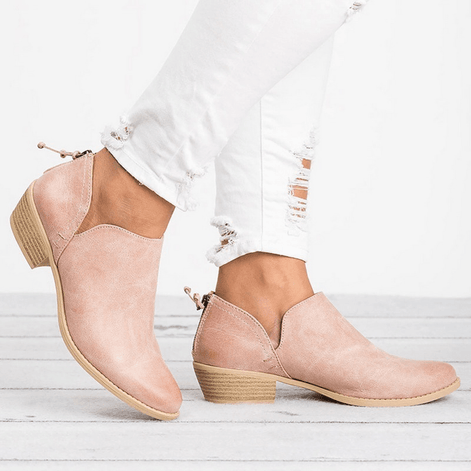 Ankle Low Heel Womens Boots with Rounded Toe in Synthetic Leather