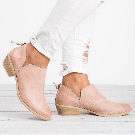 Ankle Low Heel Womens Boots with Rounded Toe in Synthetic Leather