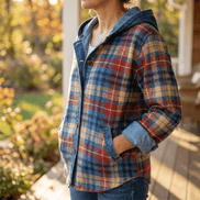 Weslyn Plaid Hooded Shacket with Denim Trim for Women