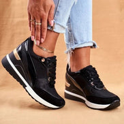 Women's Wedge Platform Cushioned Sneakers with Lace-Up Knit Upper