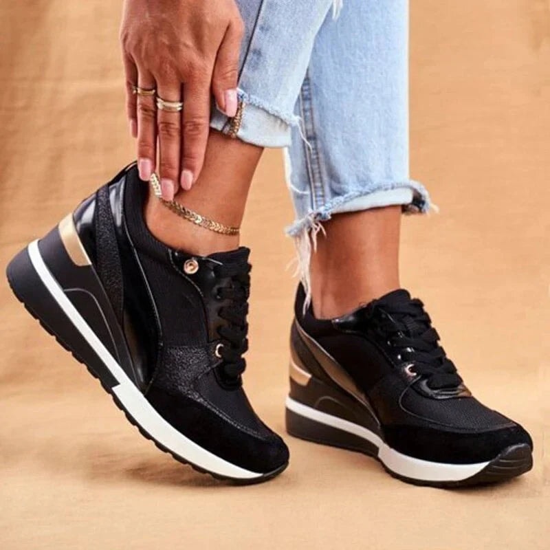 Women's Wedge Platform Cushioned Sneakers with Lace-Up Knit Upper