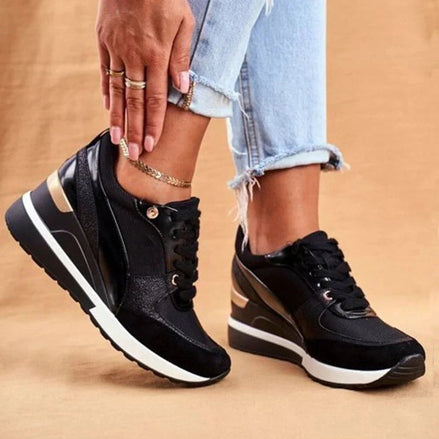 Women's Wedge Platform Cushioned Sneakers with Lace-Up Knit Upper
