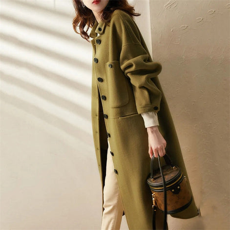 Maria Button-Front A-Line Long Winter Coat for Women