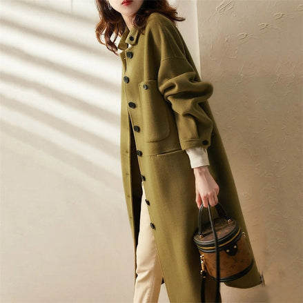 Maria Button-Front A-Line Long Winter Coat for Women
