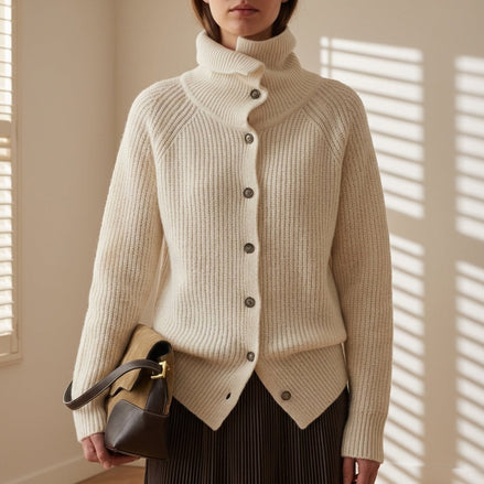 Antiparos Ribbed Turtleneck Wool Blend Knitted Cardigan for Women