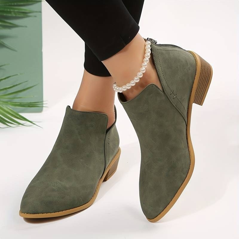Ankle Low Heel Slip On Womens Boots with Back Zip Detail