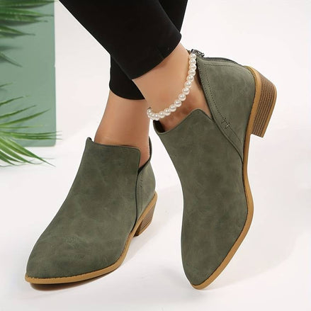Ankle Low Heel Slip On Womens Boots with Back Zip Detail