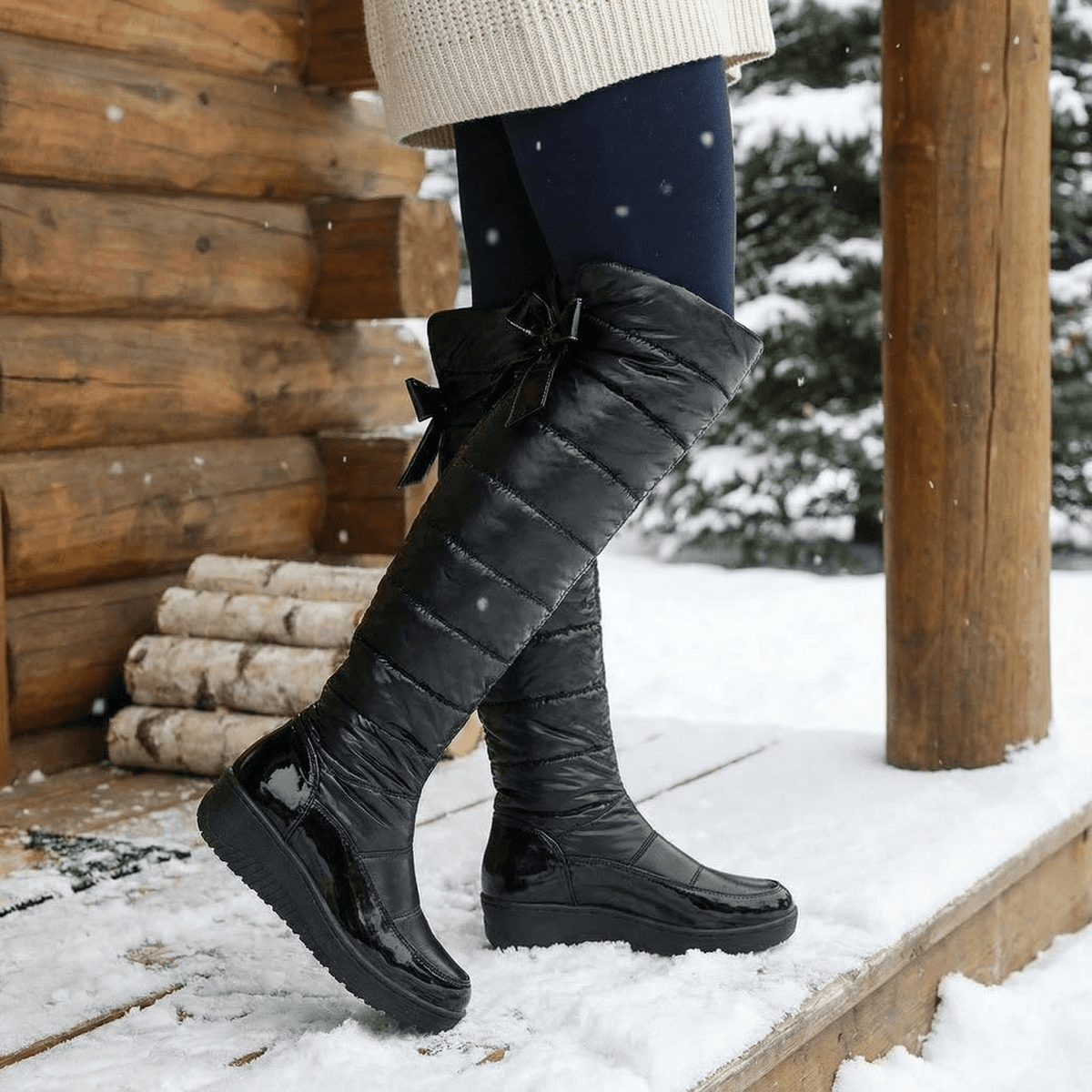 Velura Women's Black Fleece-Lined Quilted Puffer Over-the-Knee Boots with Bow Detail