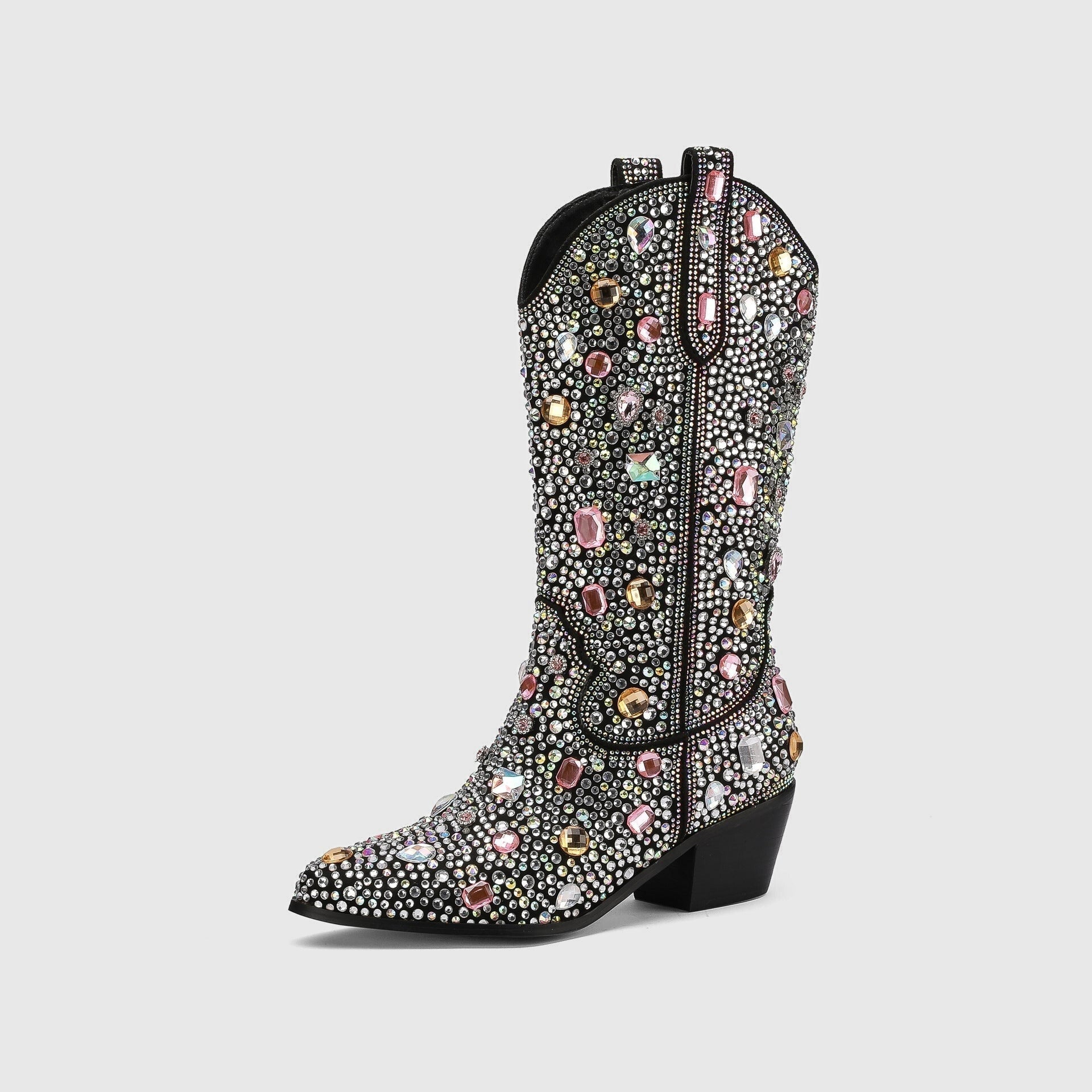 Rhinestone Embellished Western Style Mid-Calf Black Boots