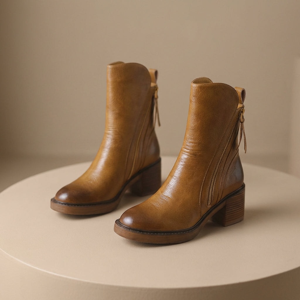 Bellora Zip-Detail Leather Ankle Boots for Women with Block Heel