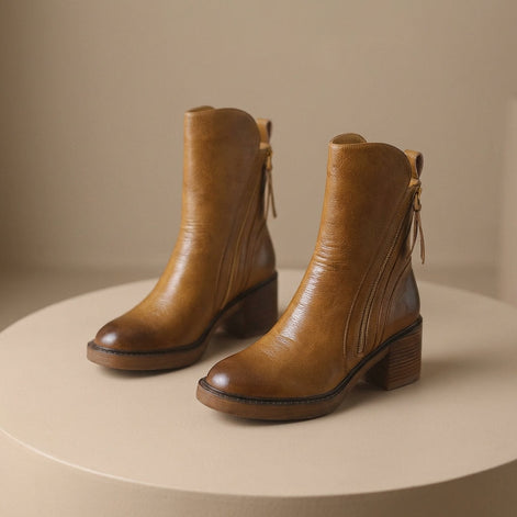 Bellora Zip-Detail Leather Ankle Boots for Women with Block Heel