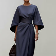 Belted Satin Midi Dress with Draped Skirt for Christmas Parties