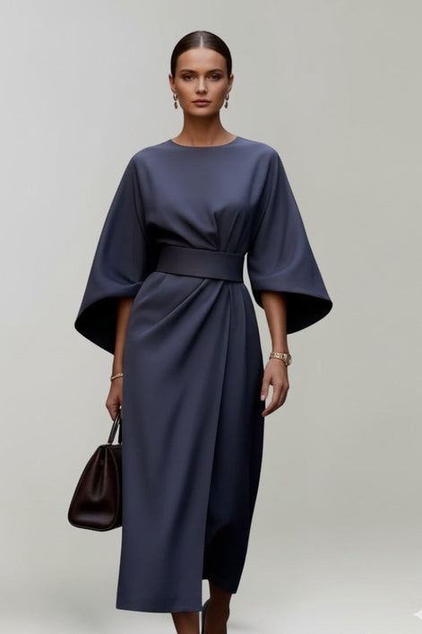 Belted Satin Midi Dress with Draped Skirt for Christmas Parties