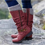 Women's Knee-High Slouch Boots with Knit Cuff and Buckle Strap