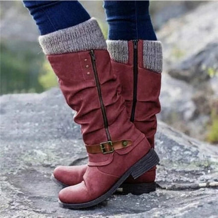 Women's Knee-High Slouch Boots with Knit Cuff and Buckle Strap