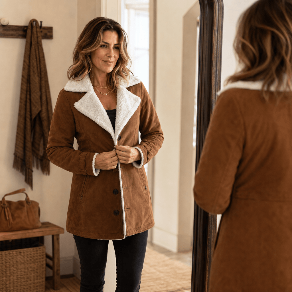 Sherpa-Lined Lapel Jacket with Suede-Finish Cotton Blend