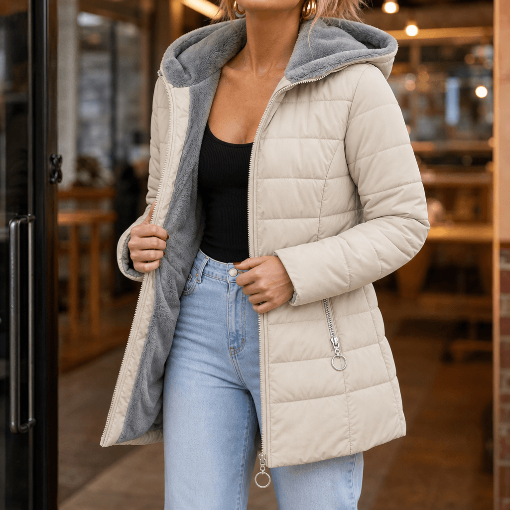Women's Quilted Hooded Puffer Jacket with Zip Pockets and Insulated Lining