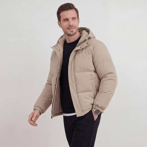 Hooded Puffer Jacket with Adjustable Hood for Men in Polyester Blend