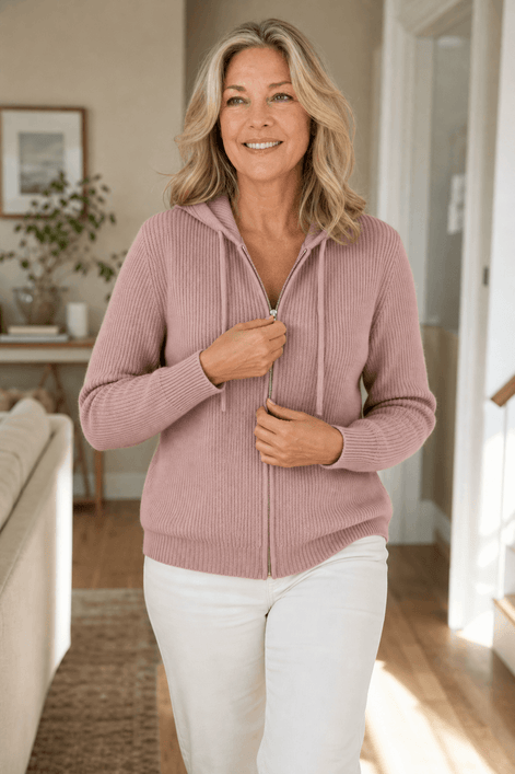 Women's Ribbed Zip-Up Hooded Knit Cardigan with Drawstring Hood