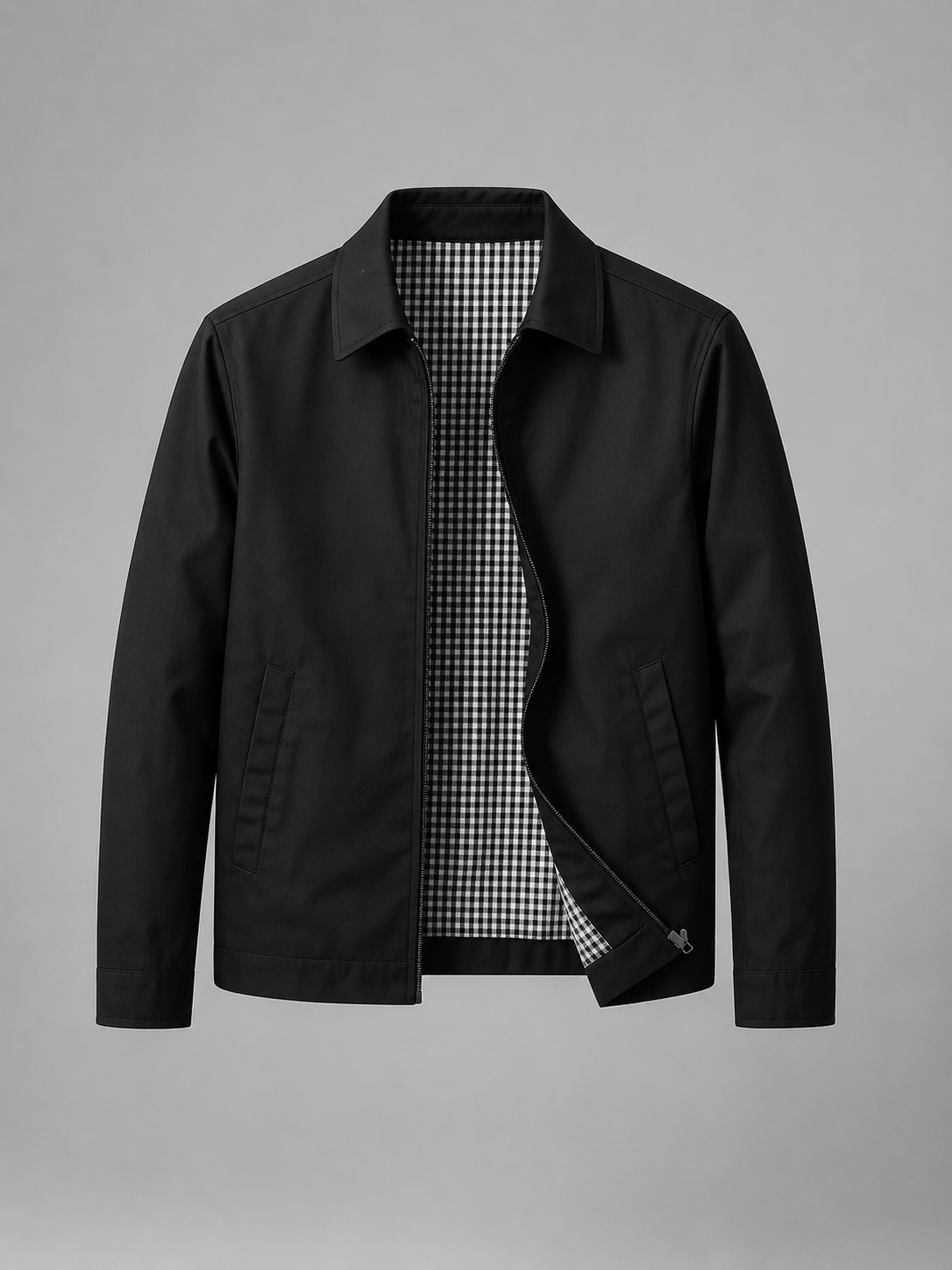 Lightweight Full Zip Mens Jacket with Checked Lining and Point Collar