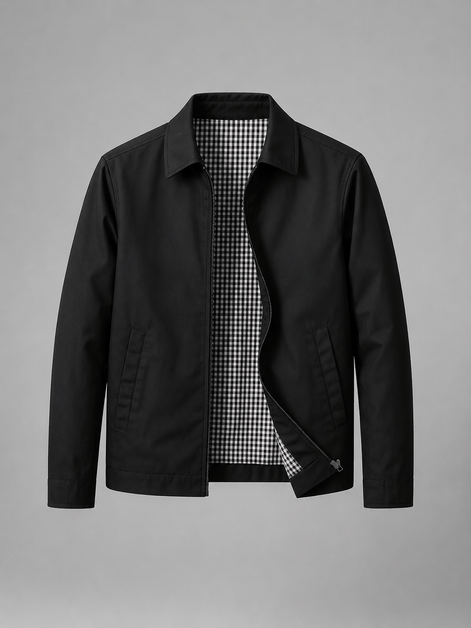 Lightweight Full Zip Mens Jacket with Checked Lining and Point Collar