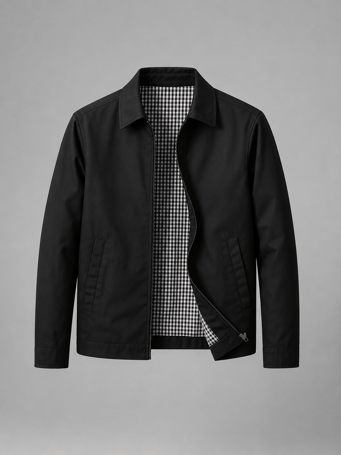 Lightweight Full Zip Mens Jacket with Checked Lining and Point Collar
