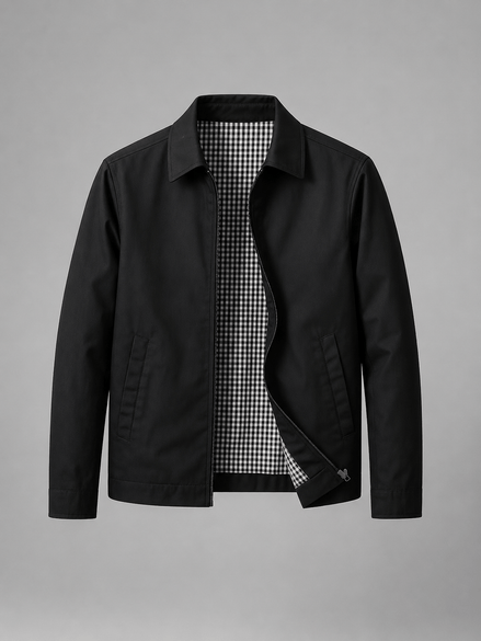 Lightweight Full Zip Mens Jacket with Checked Lining and Point Collar