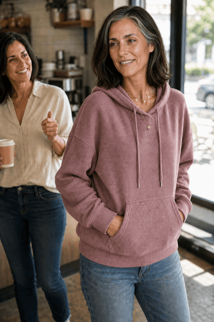 Women's Ribbed Corduroy-Look Hoodie with Front Pocket