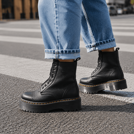 Women's Black Chunky Platform Ankle Boots with Front Zip and Lace-Panel Detailing