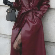Long Belted Faux Leather Trench Winter Coats Women Solid