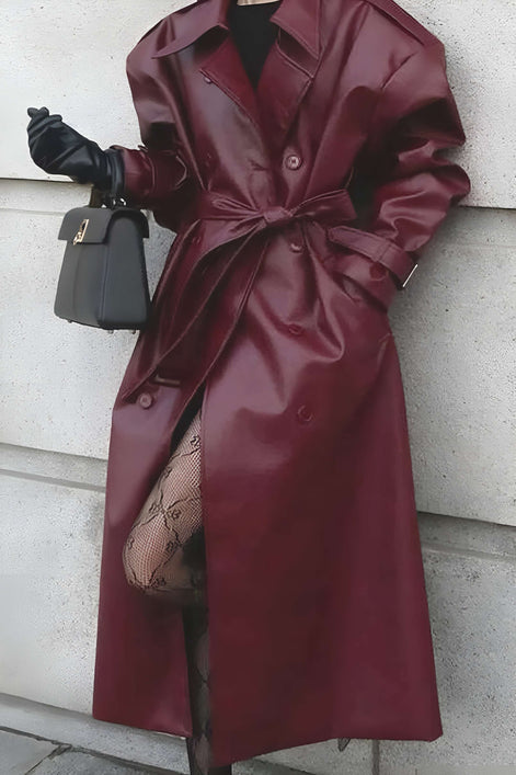 Long Belted Faux Leather Trench Winter Coats Women Solid