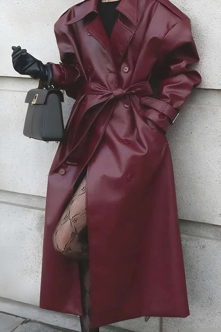 Long Belted Faux Leather Trench Winter Coats Women Solid