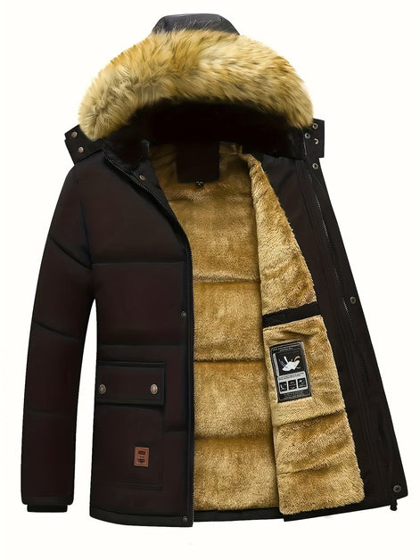 Drake Hooded Quilted Mens Puffer Jacket with Faux Fur Trim