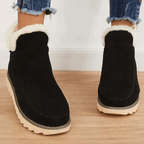 Women's Faux Fur-Lined Suede Winter Ankle Boots with Moc-Toe Stitching