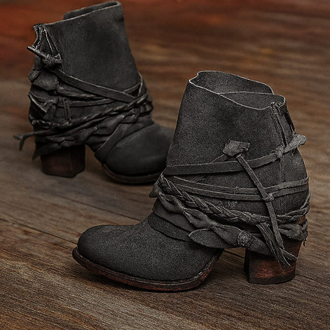 Women's Boho Western Faux Leather Ankle Boots with Wrap Strap and Block Heel