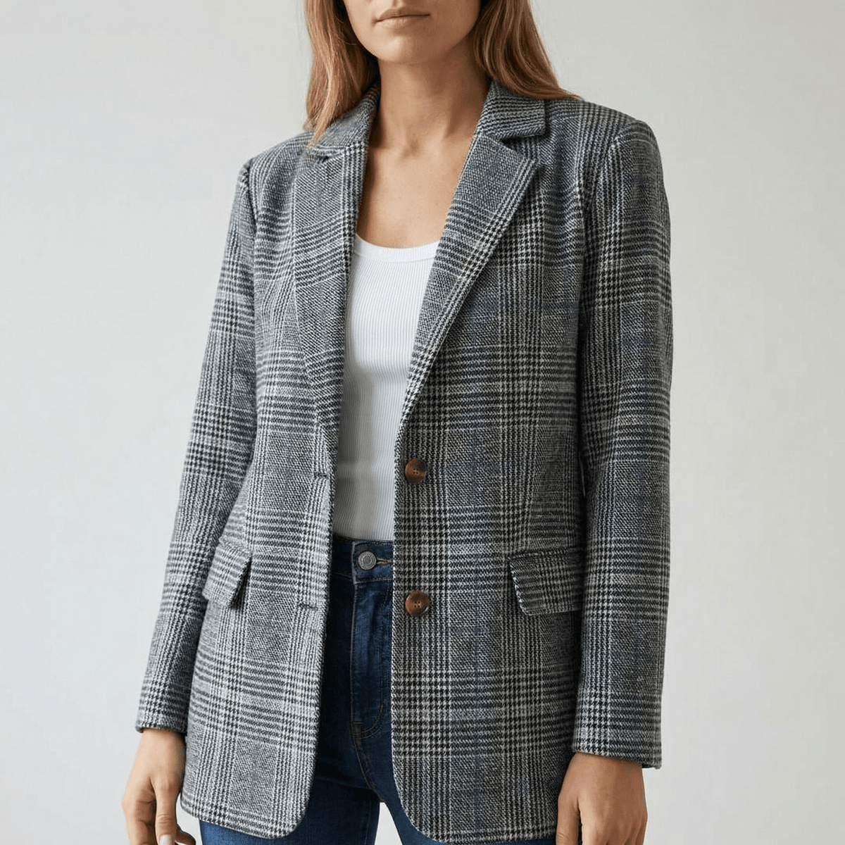 Women's Relaxed Glen Plaid Tailored Blazer with Button Front