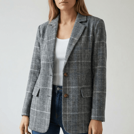 Women's Relaxed Glen Plaid Tailored Blazer with Button Front