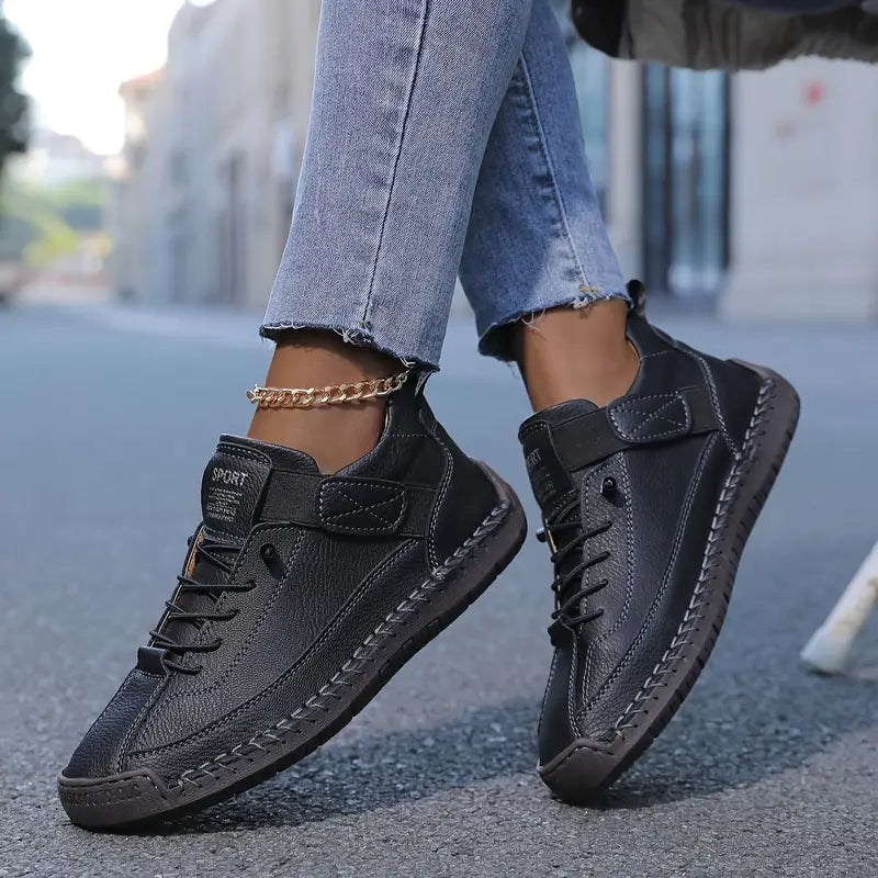 Women's Leather Comfort Shoes with Lace-Up Side Zip Closure