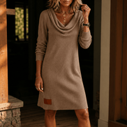 Women's Cowl-Neck Ribbed Knitted Jumper Dress with Long Sleeves