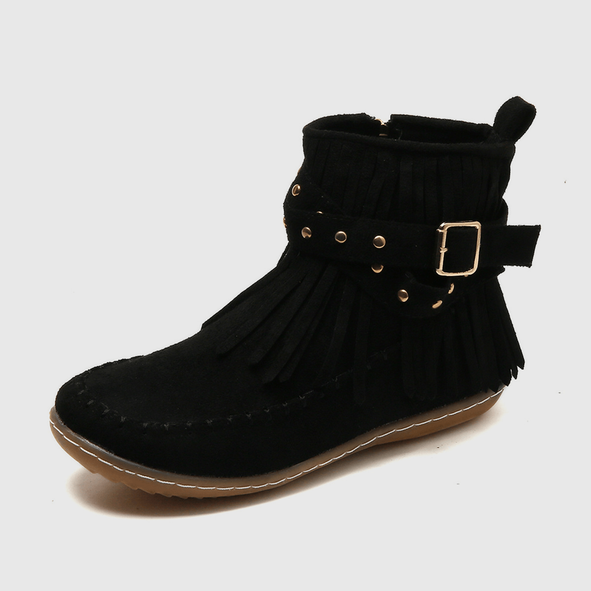 Black Suede Fringe Ankle Boots with Buckle Strap Detail