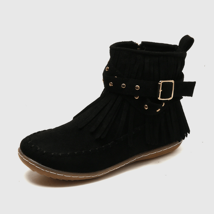 Black Suede Fringe Ankle Boots with Buckle Strap Detail