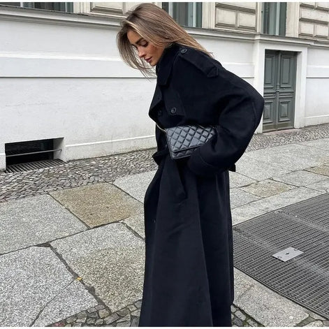 Double-Breasted Belted Wool Blend Trench Coat for Women