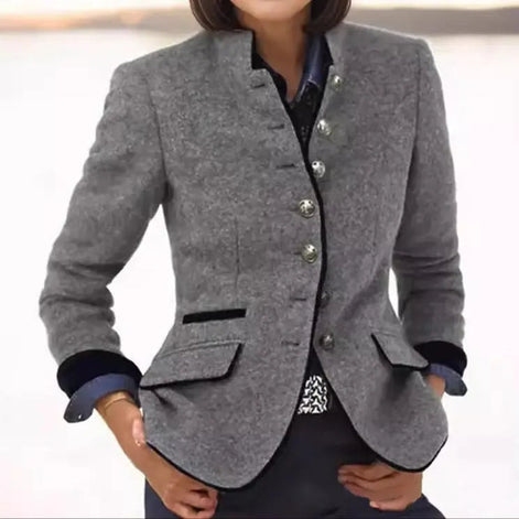 Women's Tailored Wool Blazer with Stand Collar and Contrast Trim
