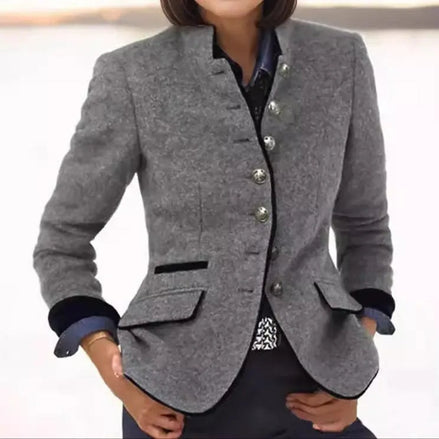 Women's Tailored Wool Blazer with Stand Collar and Contrast Trim